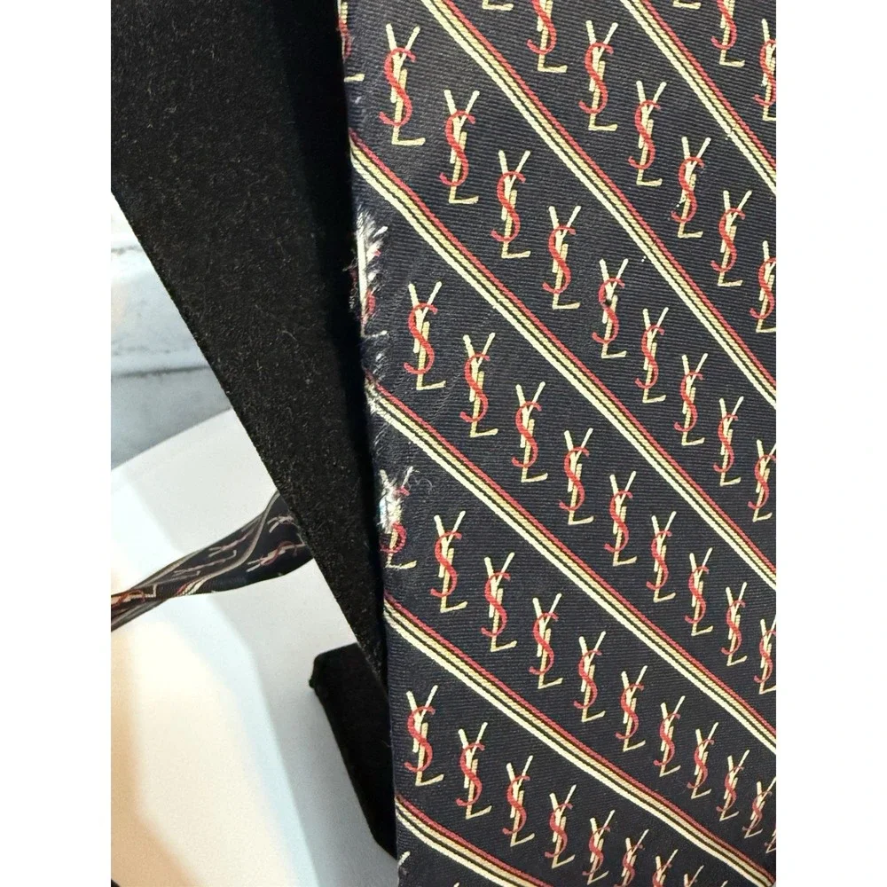 Yves Saint Laurent YSL Vintage Tie Navy Red Logo Monogram Designer Necktie USA